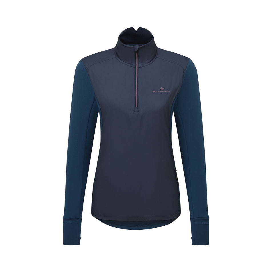 Front view of the Ronhill Women's Tech Wind-Block 1/2 Zip in the Dark Navy/Dusty Tulip colourway. (8742677414050)
