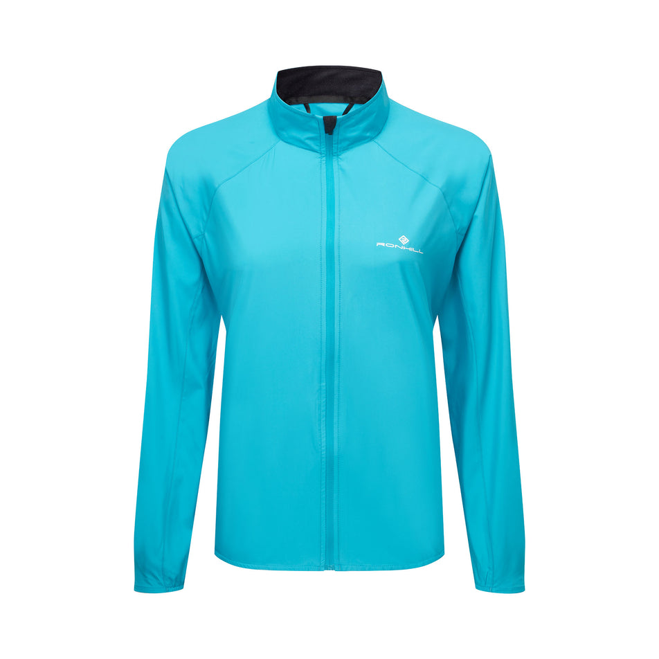 Front view of the Ronhill Women's Core Jacket in the Azure/Bright White colourway. (8747610931362)