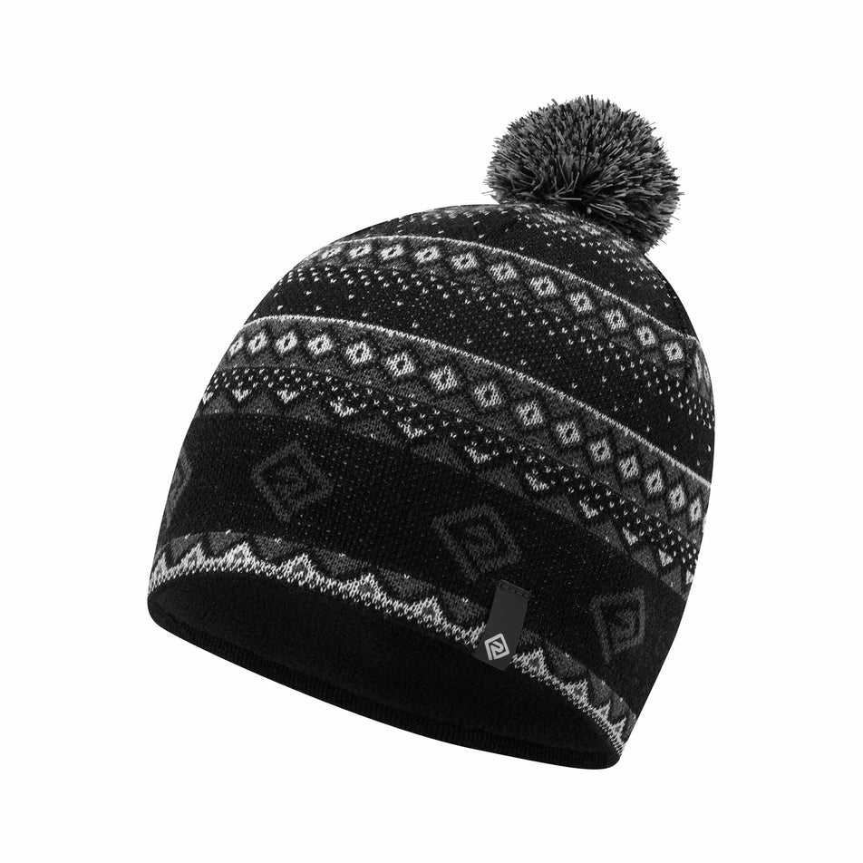 Front view of the Ronhill Unisex Winter Bobble Hat in the Black/Oxide/White colourway. (8748856737954)