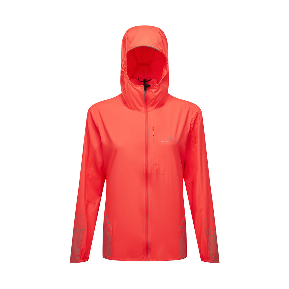 Front view of the Ronhill Women's Tech Reflect Jacket in the Hot Coral/Reflect colourway. (8742191857826)