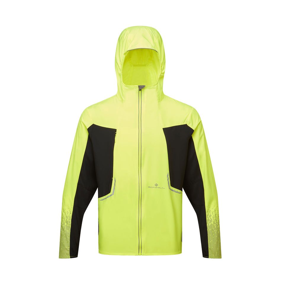 Front view of the Ronhill Men's Tech Reflect Jacket in the Fluo Yellow/Black/Reflect colourway. (8742773489826)