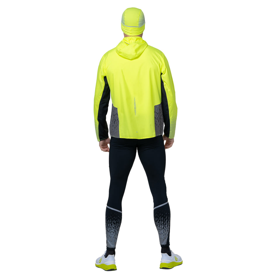 Back view of a model wearing the Ronhill Men's Tech Reflect Jacket in the Fluo Yellow/Black/Reflect colourway. (8742773489826)