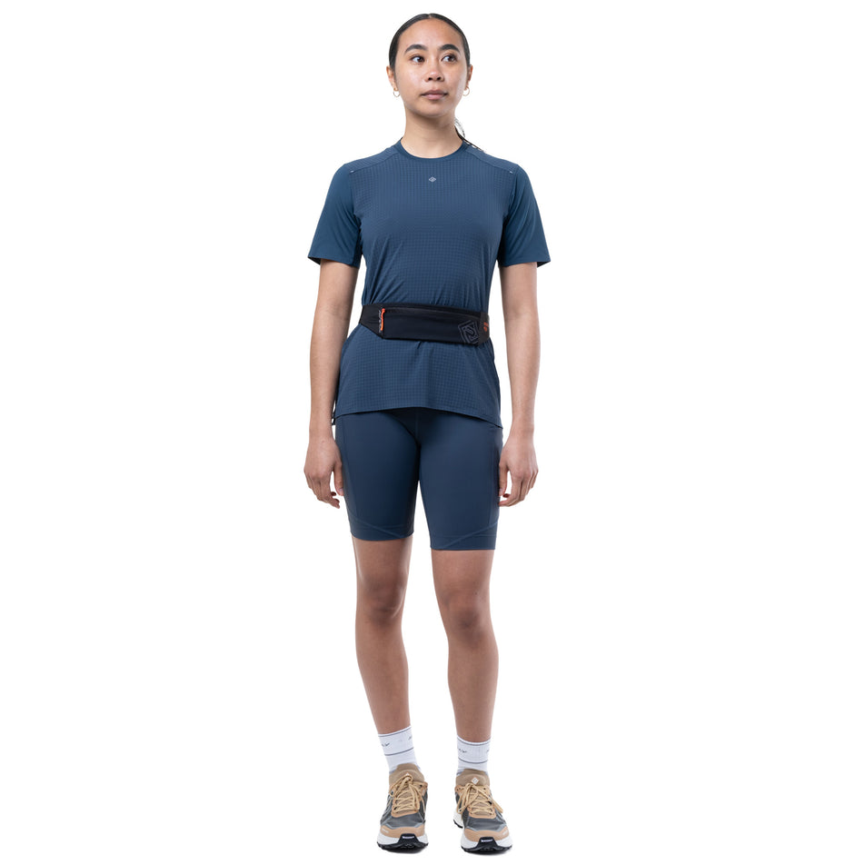 Front view of a model wearing the Ronhill Unisex Speed 90 in the Black/Ronhill Red colourway.