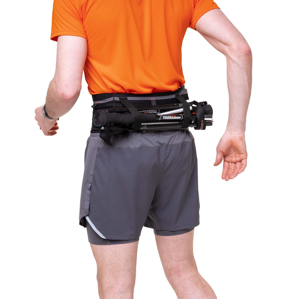 Back view of a model wearing the Ronhill Unisex Speed 360 in the Black/Ronhill Red colourway.