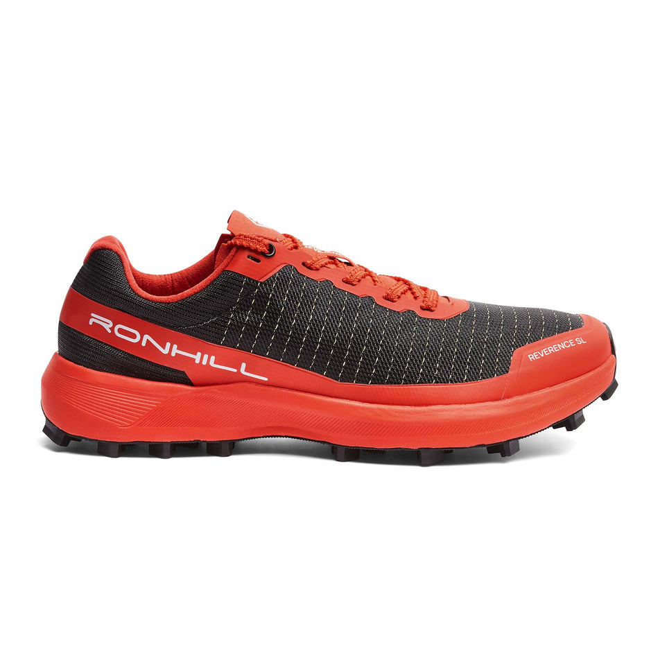 Lateral view of the right shoe from a pair of Ronhill Women's Reverence SL Running Shoes in the Black/Red colourway.