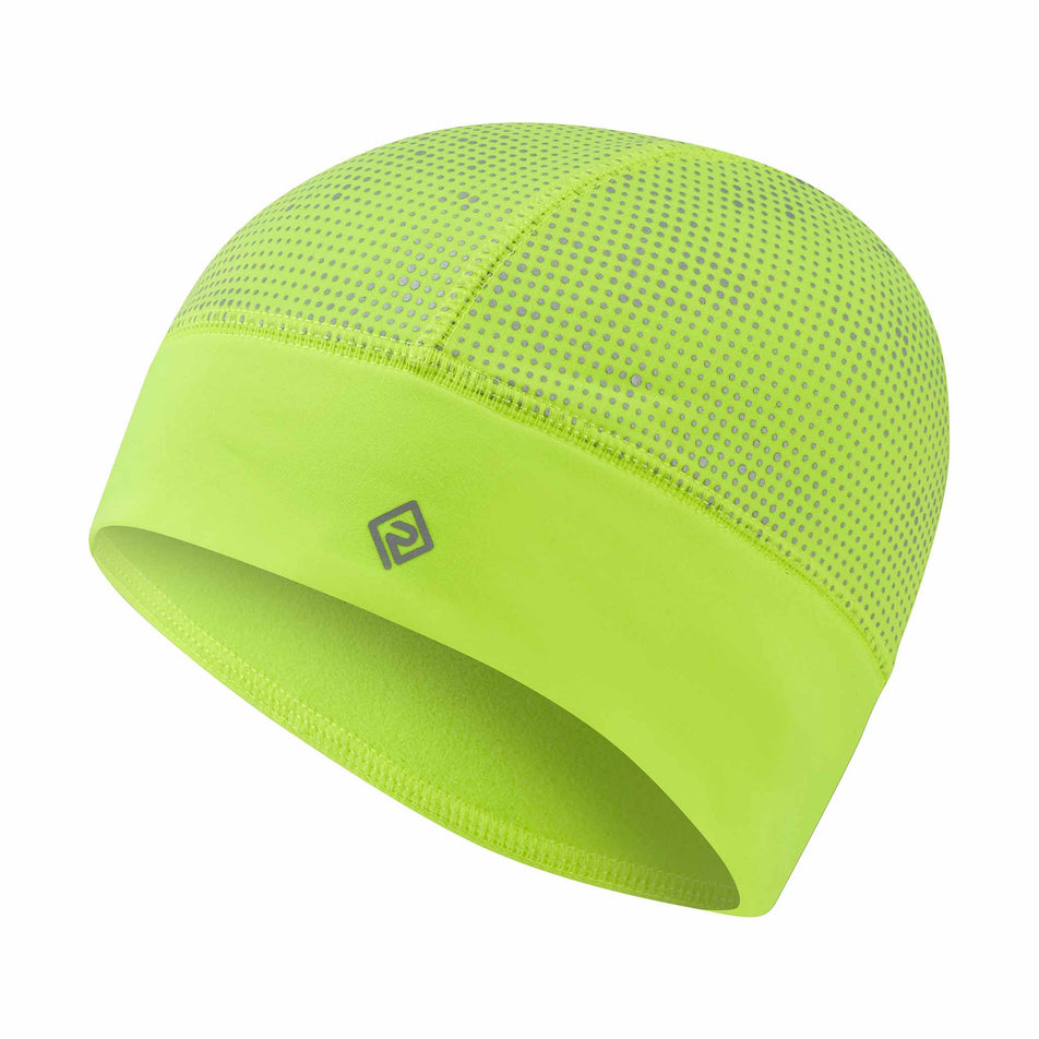 Front view of the Ronhill Unisex Reflect Beanie in the Fluo Zest/Reflect colourway.