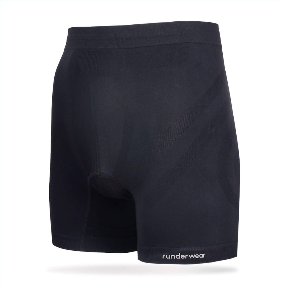 The front of a Runderwear Men's Running Boxer in the Black colourway (8742144409762)