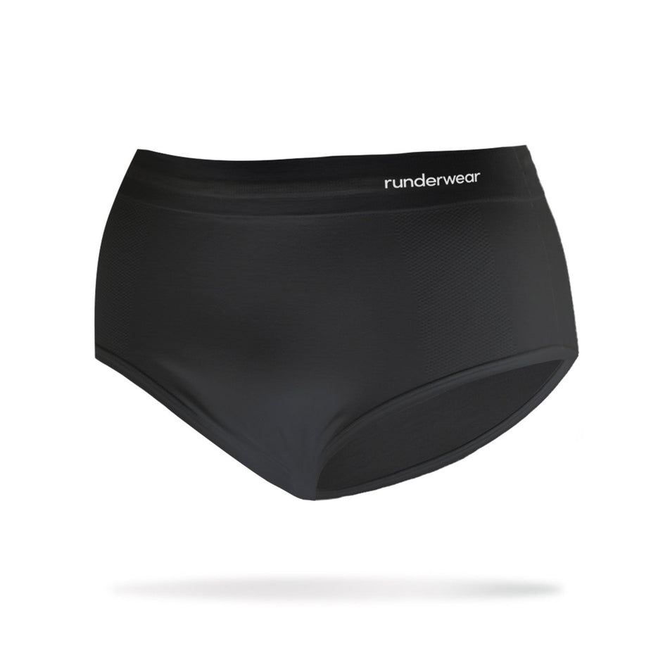 The front of a Runderwear Women's Running Brief in the Black colourway (8742156304546)