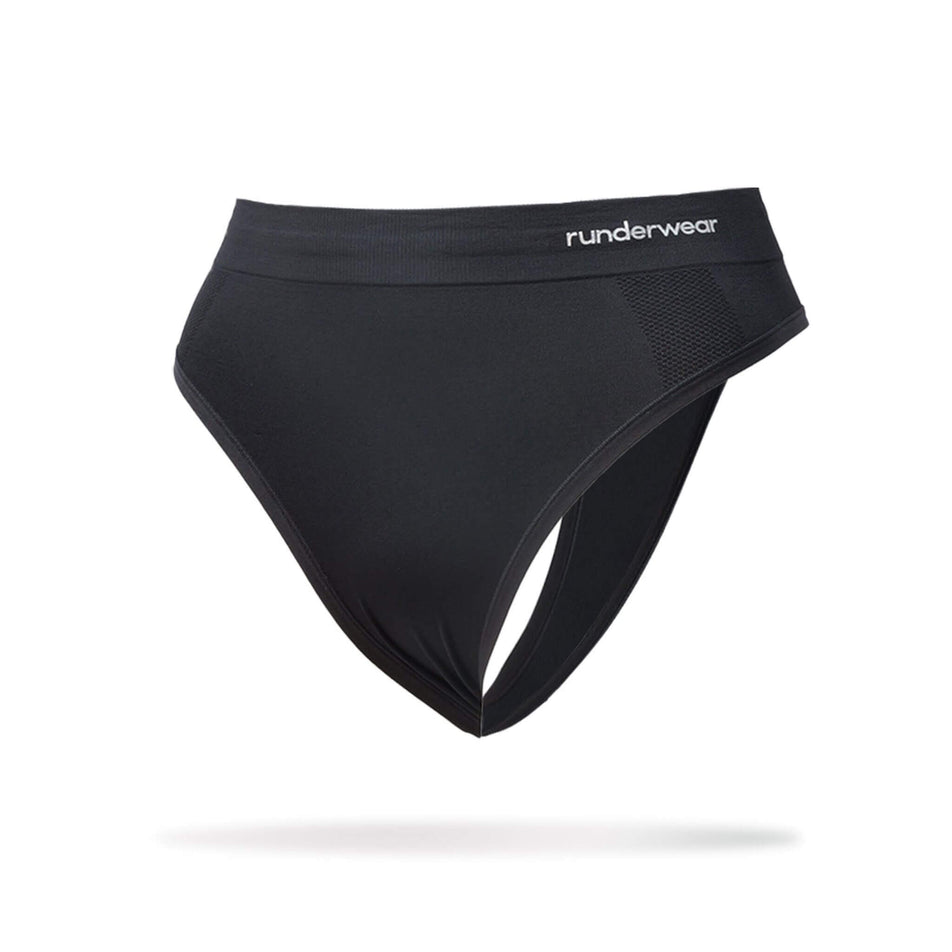 The front of a Runderwear Women's Running Thong in the Black colourway (8742152798370)