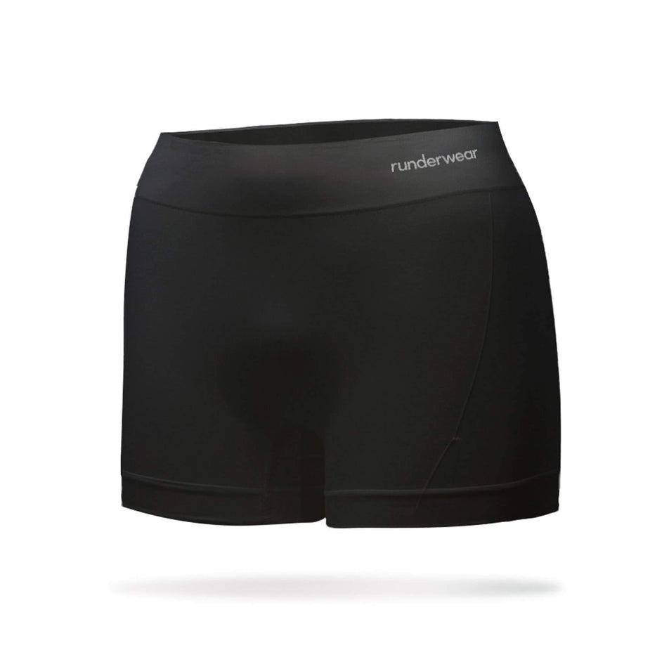 The front of a Runderwear Women's Running Boy_Short in the Black colourway (8742158008482)