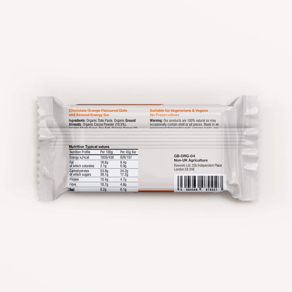 Back of a Rawvelo Chocolate Orange Organic Energy Bar's wrapper. (8332486967458)