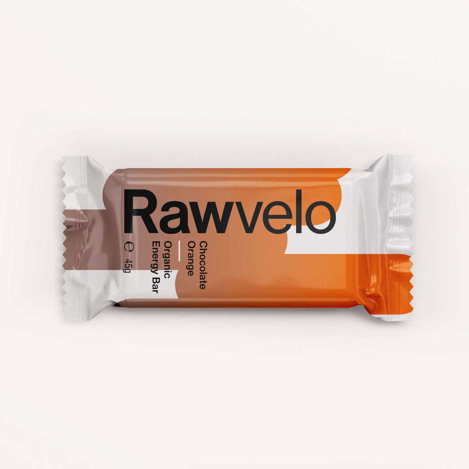 Front of a Rawvelo Chocolate Orange Organic Energy Bar's wrapper. (8332486967458)