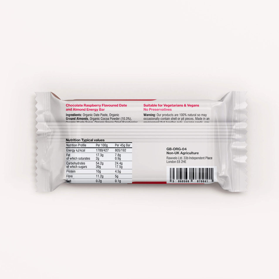 Back of a Rawvelo Chocolate Raspberry Organic Energy Bar's wrapper. (8332488474786)