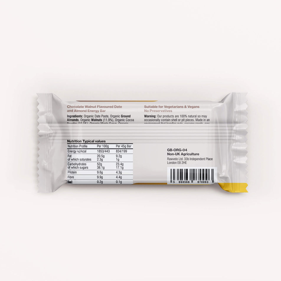 Back of a Rawvelo Chocolate Walnut Brownie Organic Energy Bar's warpper. (8332520947874)