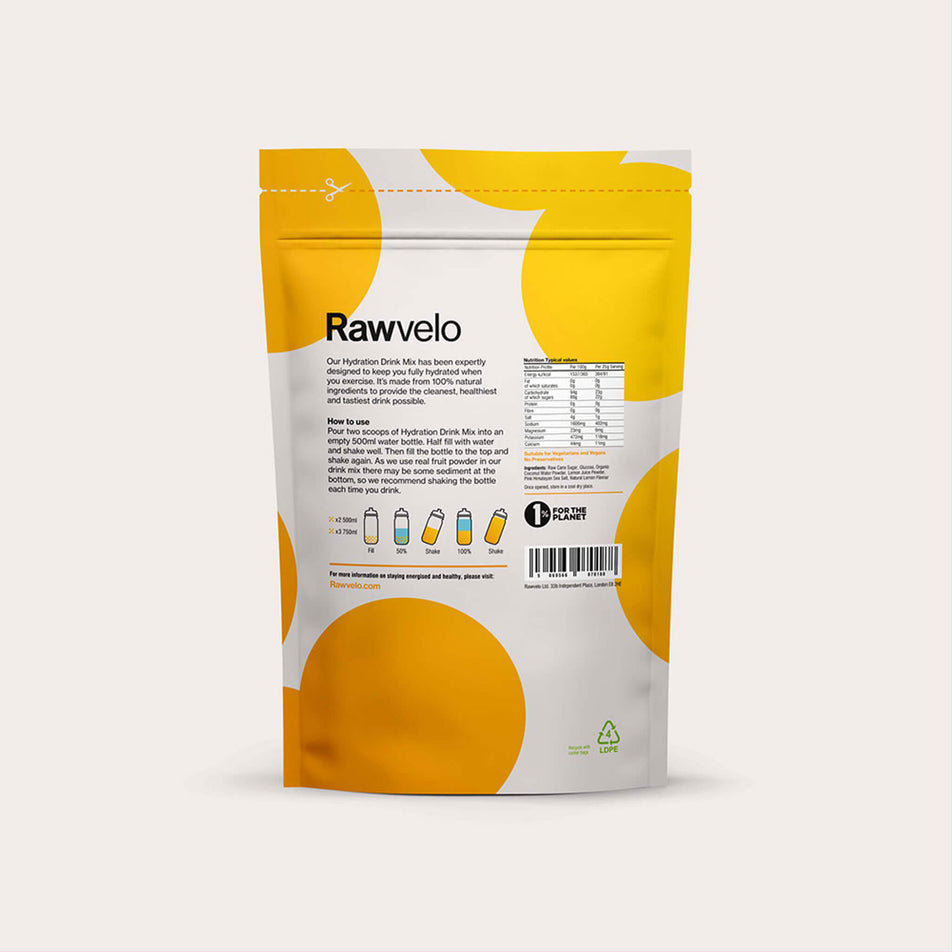 The back of a Rawvelo Hydration Drink Mix 400g Pouch - Lemon flavour (8482649669794)