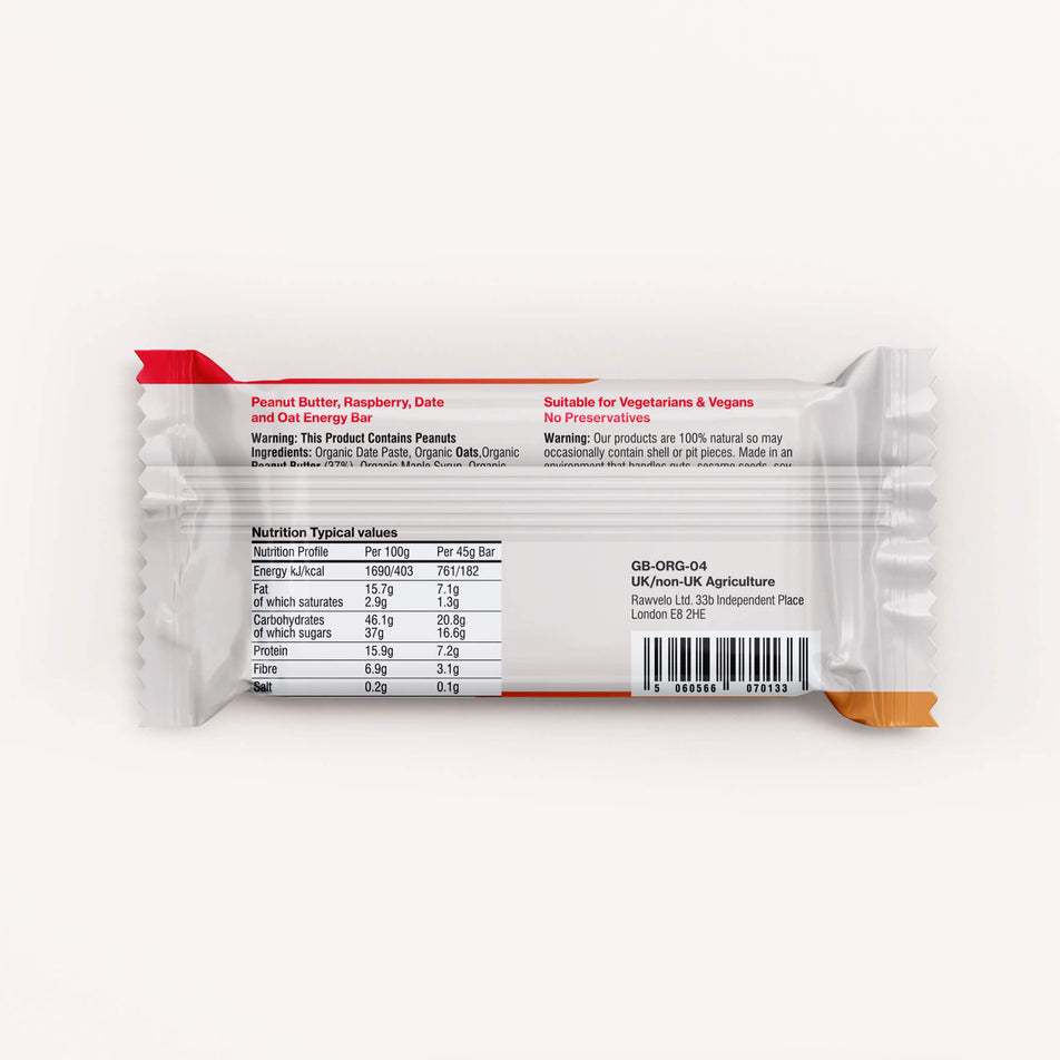 Back of a Rawvelo Peanut Butter and Jelly Organic Energy Bar's packaging (8482644394146)