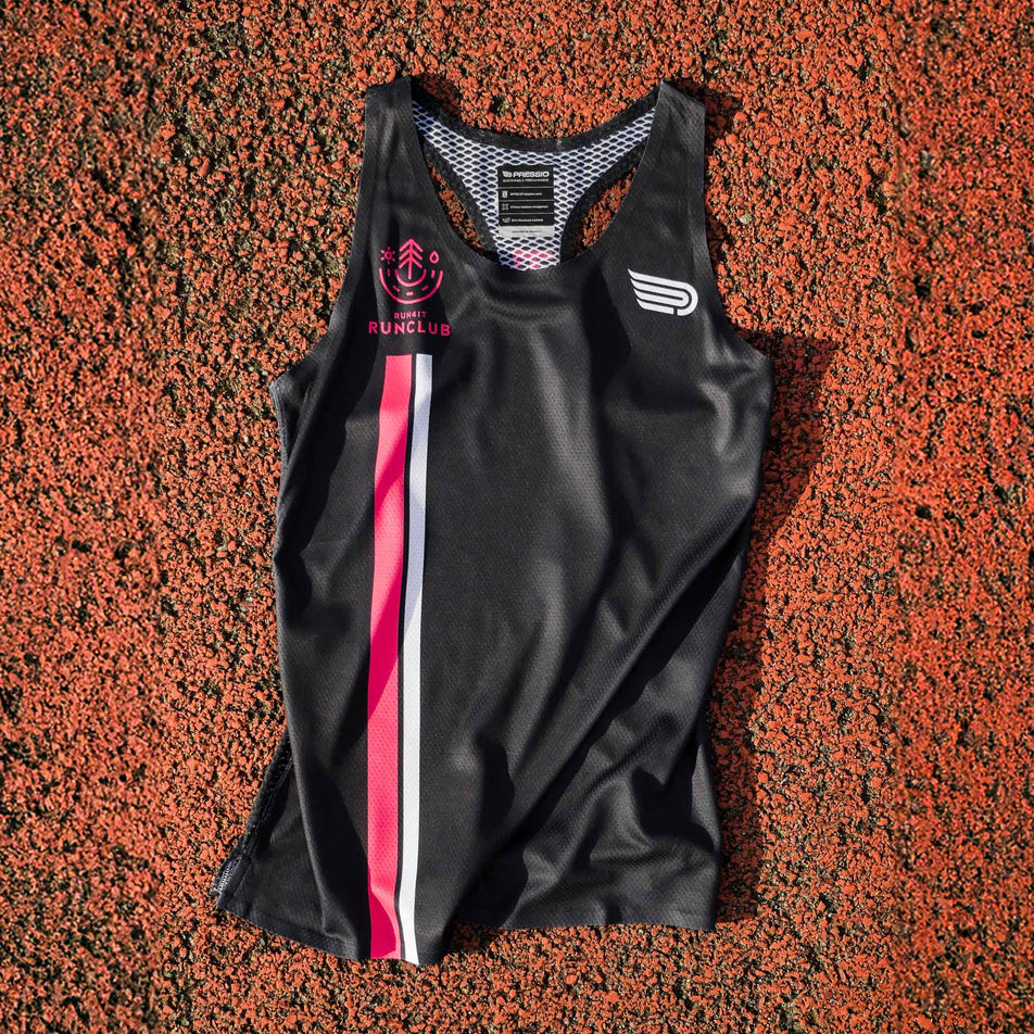 Front view of the Pressio Run4It Run Club Women's Elite Singlet. (8489118728354)