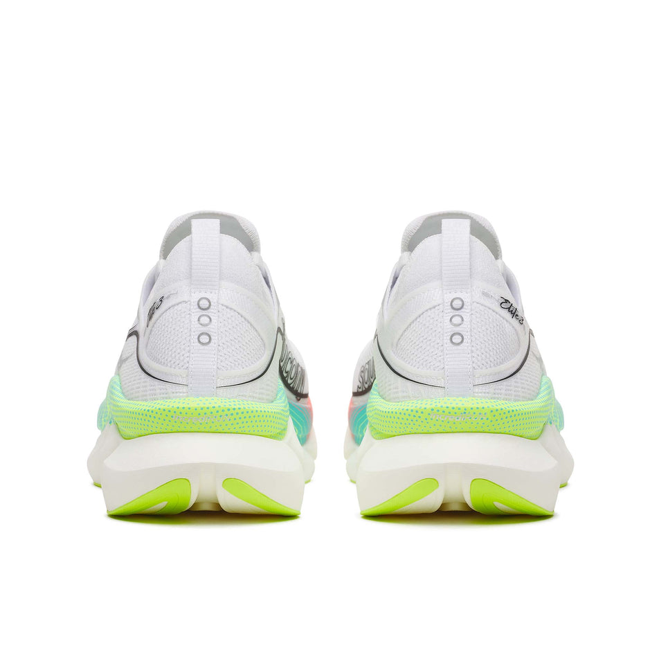 The back of a pair of Saucony Unisex Endorphin Elite 3 Running Shoes in the White/Multi colourway.