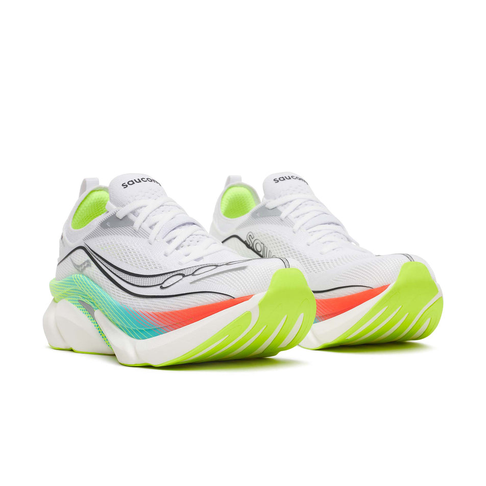 A pair of Saucony Unisex Endorphin Elite 3 Running Shoes in the White/Multi colourway.