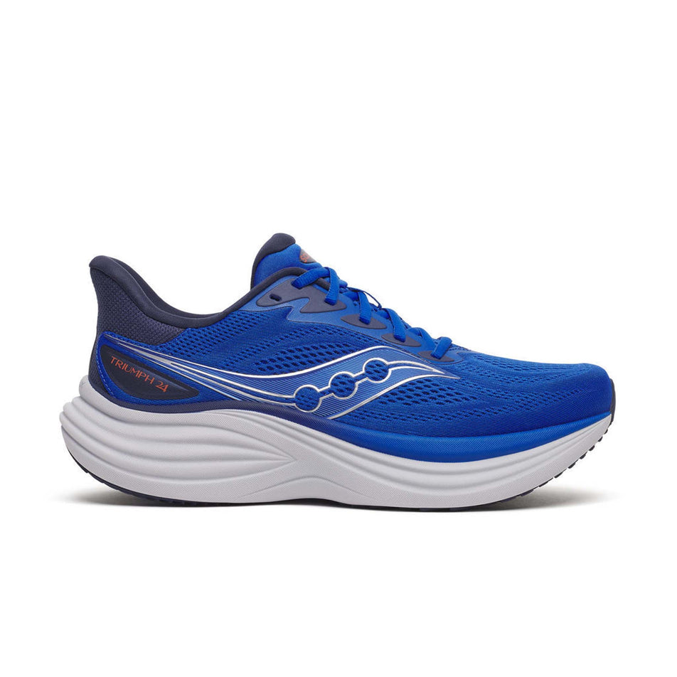 Lateral view of the right shoe from a pair of Saucony Men's Triumph 24 Running Shoes in the Lapis/Silver colourway.