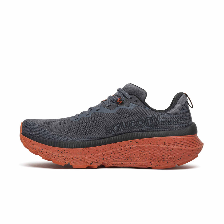 Medial view of the right shoe from a pair of Saucony Men's Guide TR Running Shoes in the Carbon/Rust colourway.