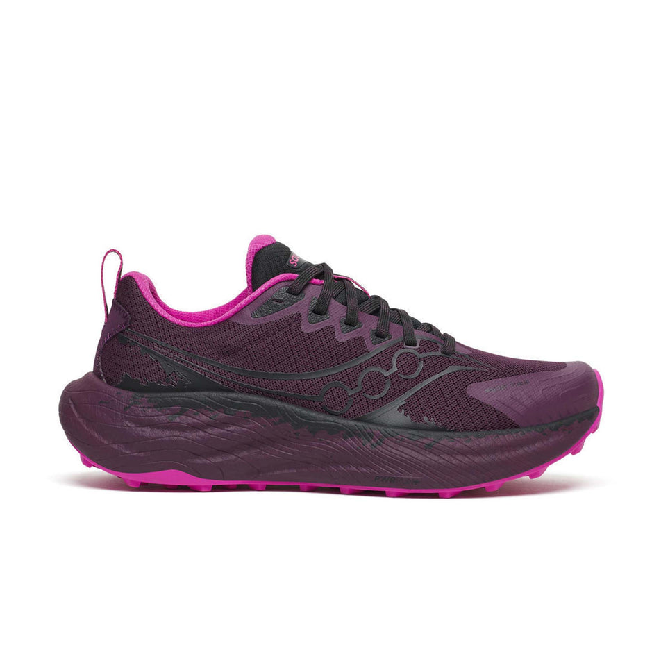 Lateral view of the right shoe from a pair of Saucony Women's Ride TR3 Running Shoes in the Eggplant/Black colourway.