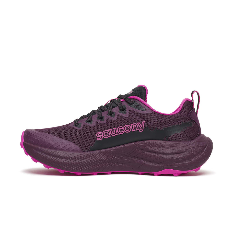 Medial view of the right shoe from a pair of Saucony Women's Ride TR3 Running Shoes in the Eggplant/Black colourway.