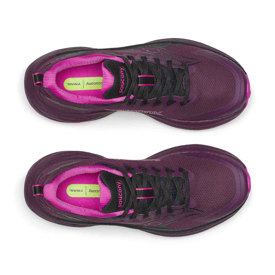 The uppers of a pair of Saucony Women's Ride TR3 Running Shoes in the Eggplant/Black colourway.