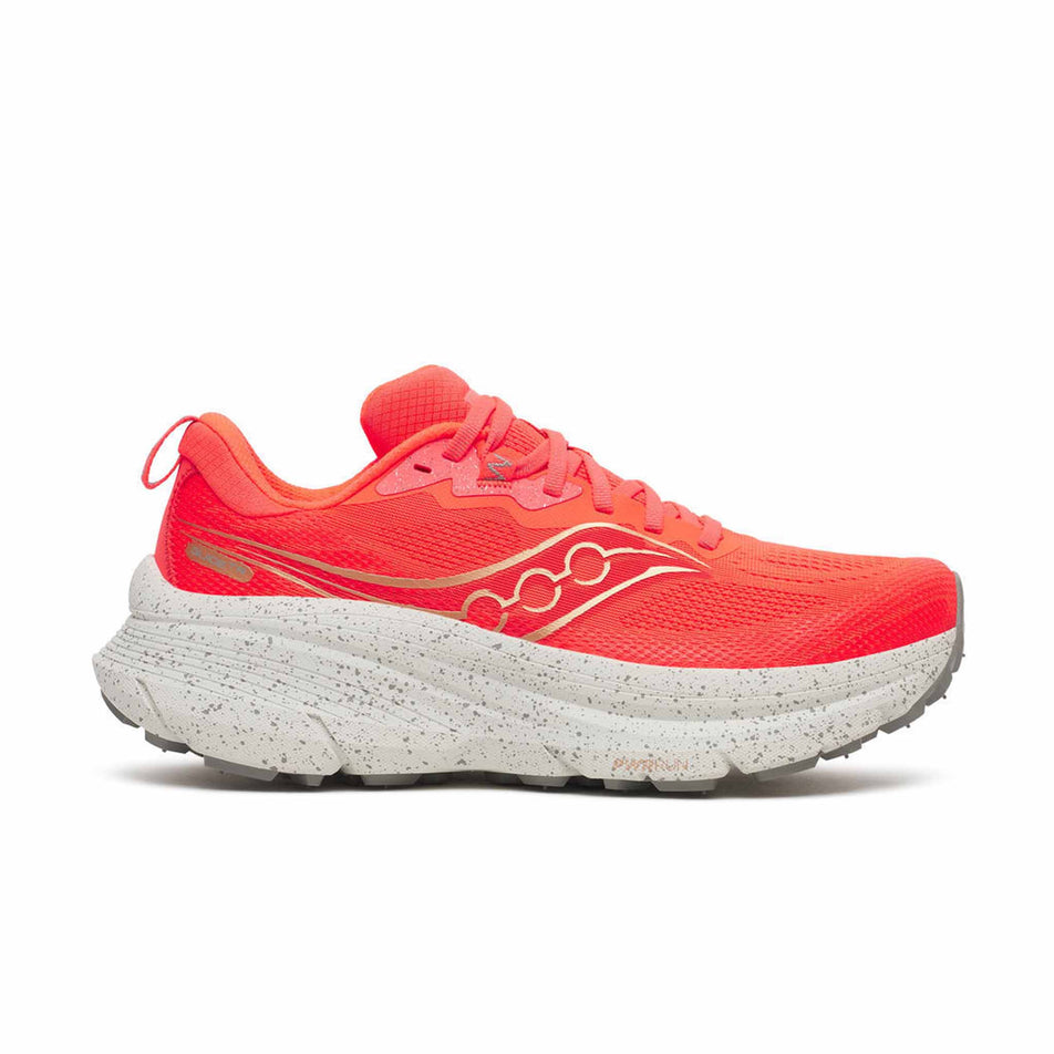 Lateral view of the right shoe from a pair of Saucony Women's Guide TR Running Shoes in the Vizired/Gold colourway.