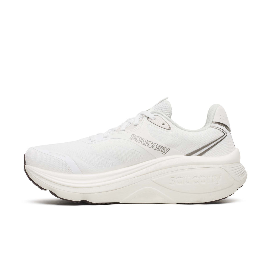Medial view of the right shoe from a pair of Saucony Men's Hurricane 26 Running Shoes in the White/Quartz colourway.