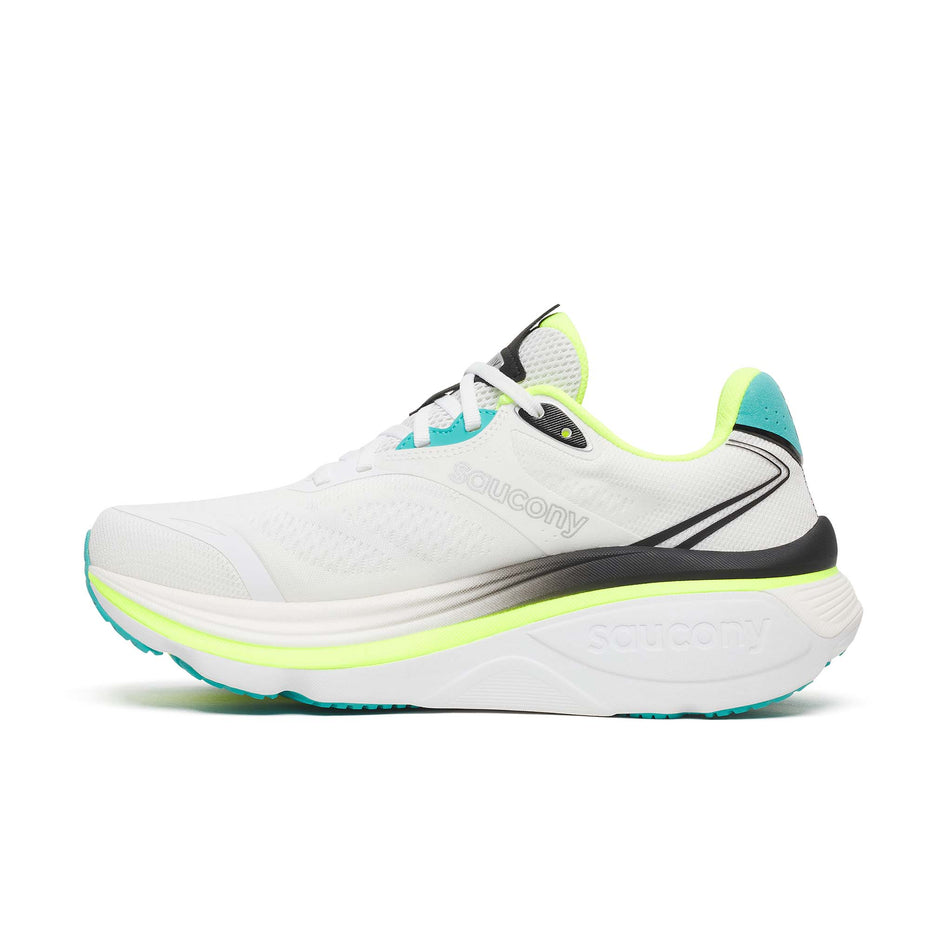 Medial view of the right shoe from a pair of Saucony Men's Hurricane 26 Running Shoes in the White/Citron colourway.
