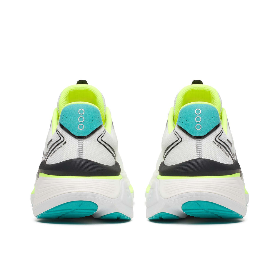 The back of a pair of Saucony Men's Hurricane 26 Running Shoes in the White/Citron colourway.