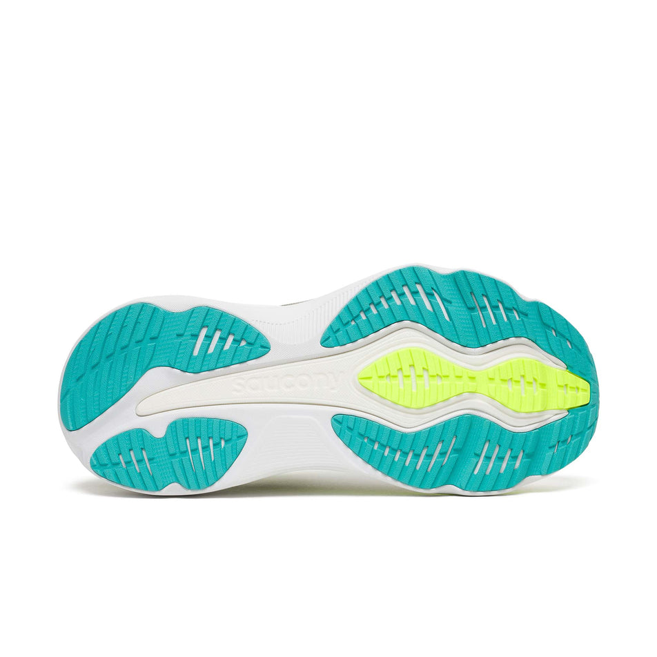 The outsole of the right shoe from a pair of Saucony Men's Hurricane 26 Running Shoes in the White/Citron colourway.