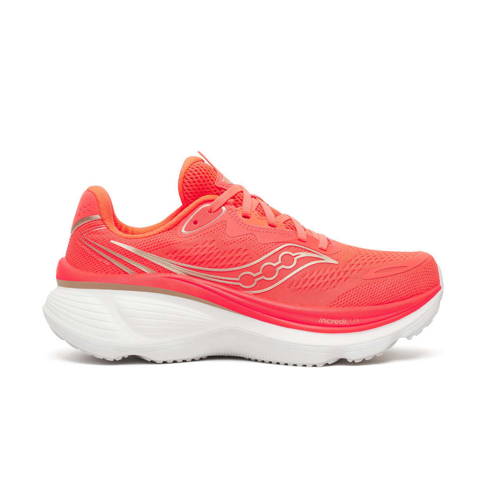Lateral view of the right shoe from a pair of Saucony Women's Hurricane 26 Running Shoes in the Vizired colourway.