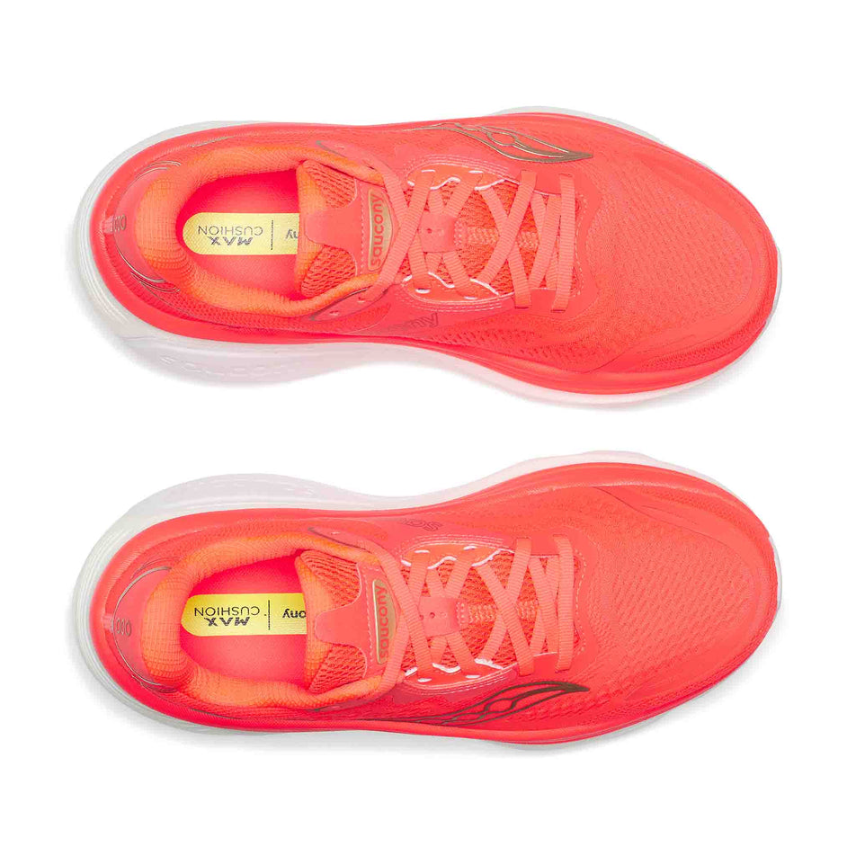 The uppers of a pair of Saucony Women's Hurricane 26 Running Shoes in the Vizired colourway.