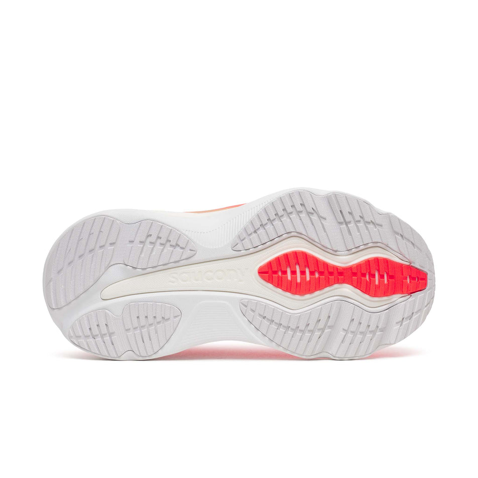 The outsole of the right shoe from a pair of Saucony Women's Hurricane 26 Running Shoes in the Vizired colourway.