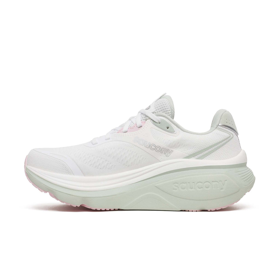 Medial view of the right shoe from a pair of Saucony Women's Hurricane 26 Running Shoes in the White/Cast colourway.