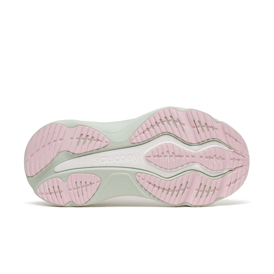 The outsole of the right shoe from a pair of Saucony Women's Hurricane 26 Running Shoes in the White/Cast colourway.