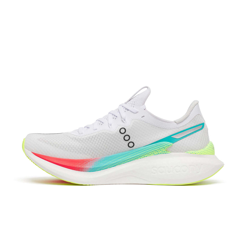 Medial view of the right shoe from a pair of Saucony Men's Endorphin Pro 5 Running Shoes in the White/Multi colourway.