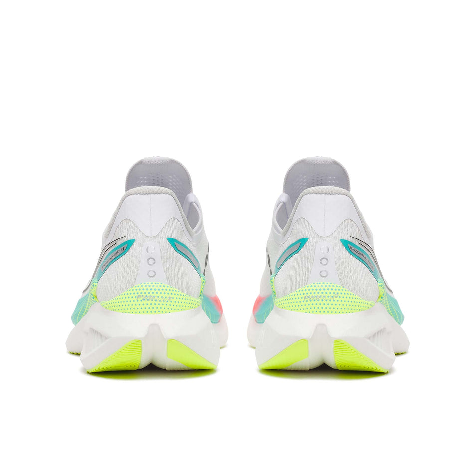 The back of a pair of Saucony Men's Endorphin Pro 5 Running Shoes in the White/Multi colourway.