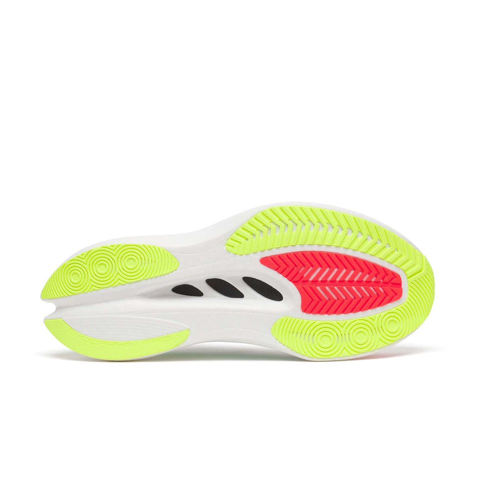The outsole of the right shoe from a pair of Saucony Men's Endorphin Pro 5 Running Shoes in the White/Multi colourway.