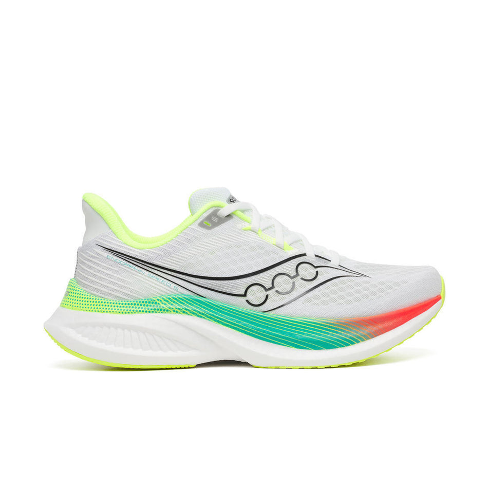 Lateral view of the right shoe from a pair of Saucony Men's Endorphin Speed 5 Running Shoes in the White/Multi colourway.