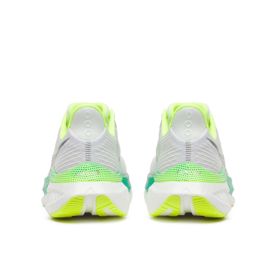 The back of a pair of Saucony Men's Endorphin Speed 5 Running Shoes in the White/Multi colourway.