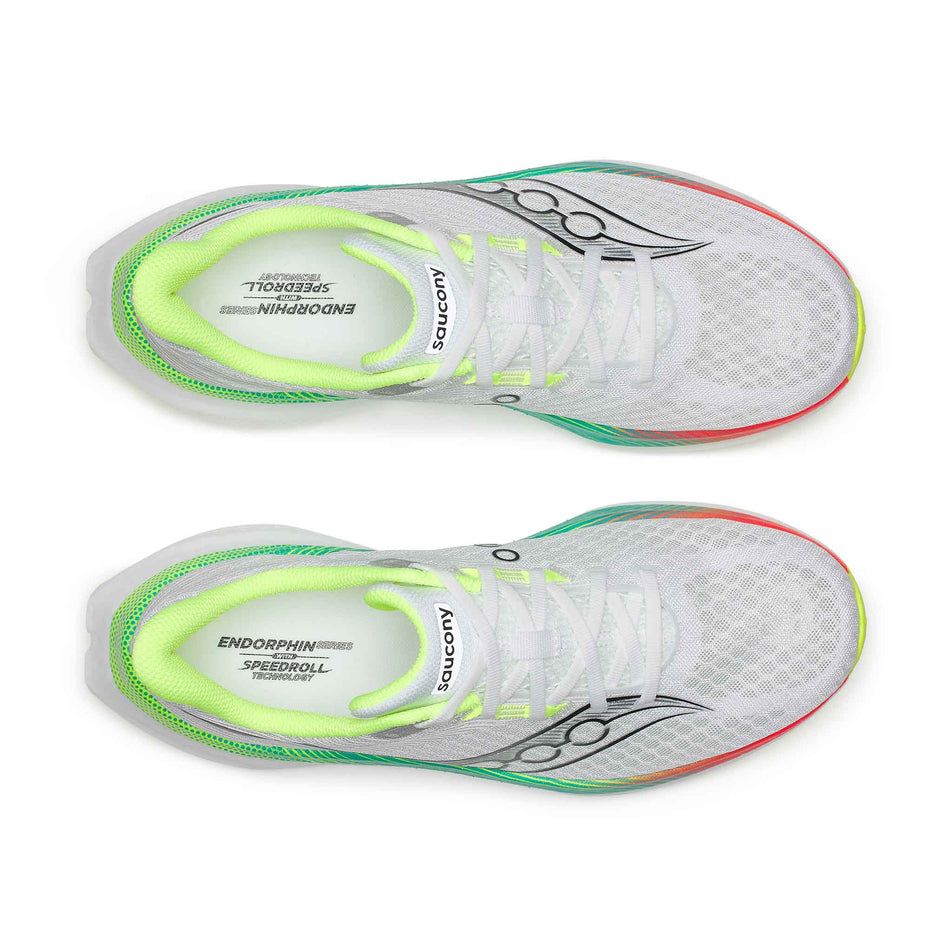 The uppers of a pair of Saucony Men's Endorphin Speed 5 Running Shoes in the White/Multi colourway.
