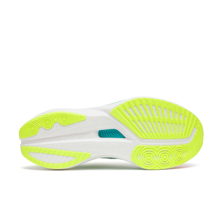 The outsole of the right shoe from a pair of Saucony Women's Endorphin Speed 5 Running Shoes in the White/Multi colourway.