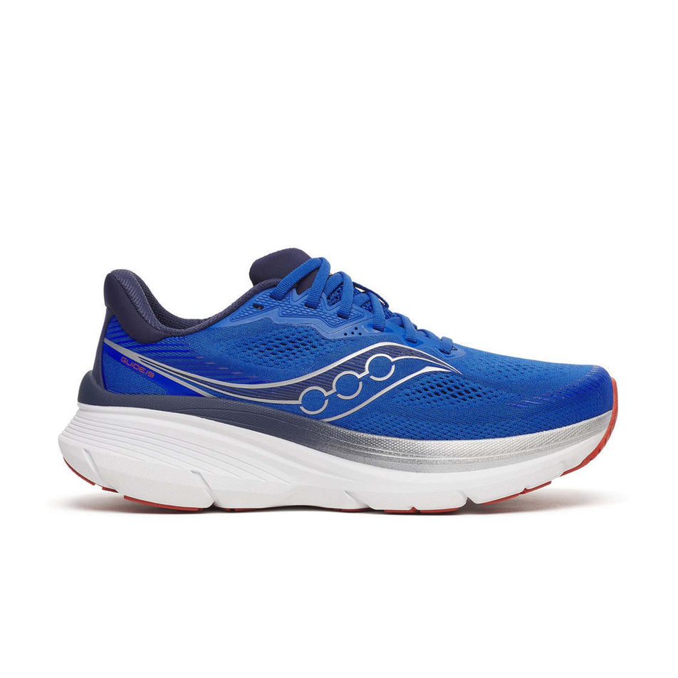 Lateral view of the right shoe from a pair of Saucony Men's Guide 19 Running Shoes in the Lapis/Naval colourway.