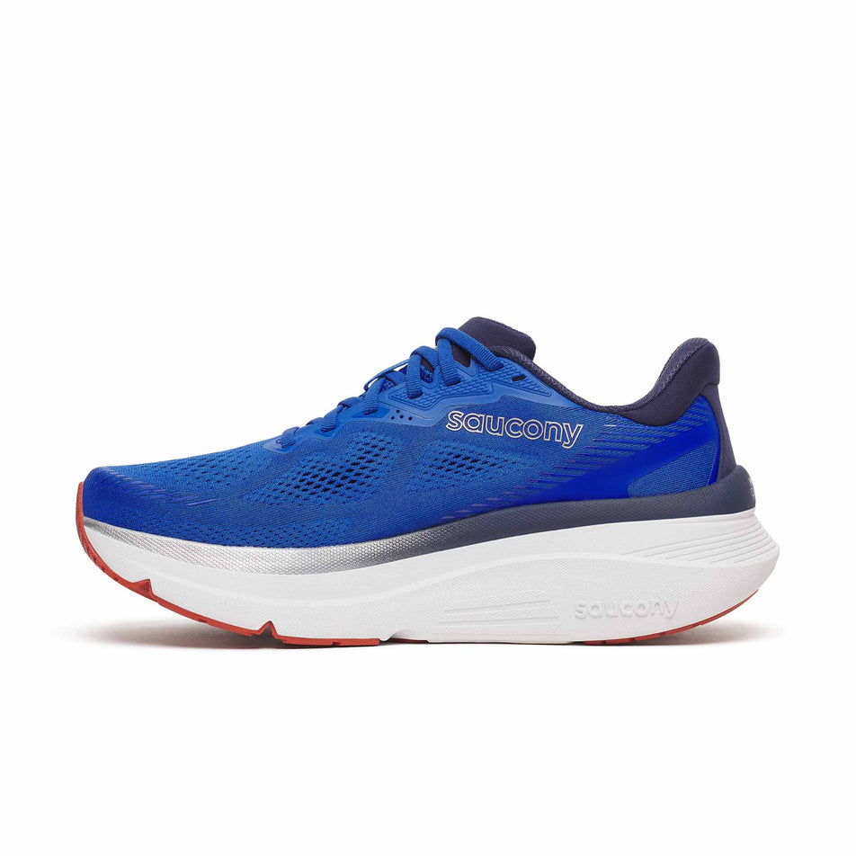 Medial view of the right shoe from a pair of Saucony Men's Guide 19 Running Shoes in the Lapis/Naval colourway.