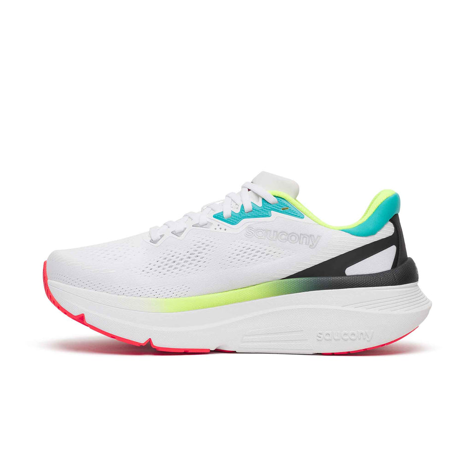 Medial view of the right shoe from a pair of Saucony Men's Guide 19 Running Shoes in the White/Citron colourway.