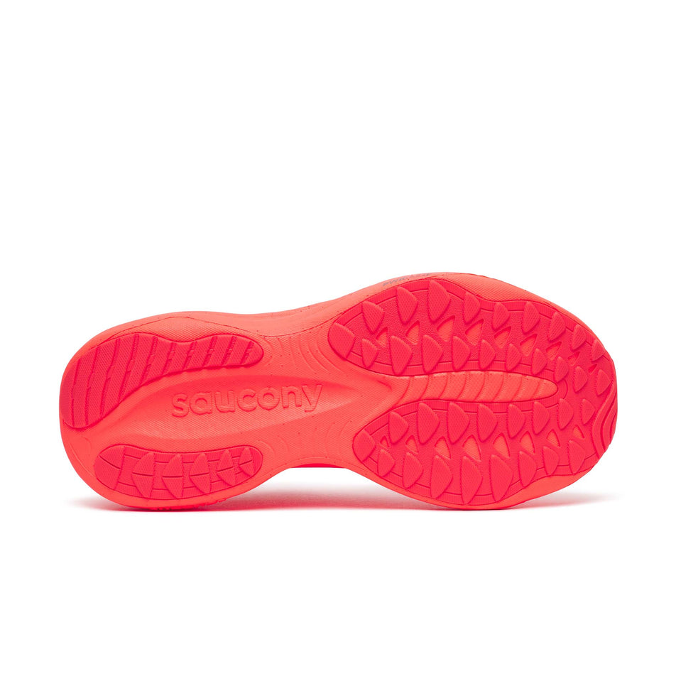 The outsole of the right shoe from a pair of Saucony Women's Ride 19 Running Shoes in the Vizired colourway.