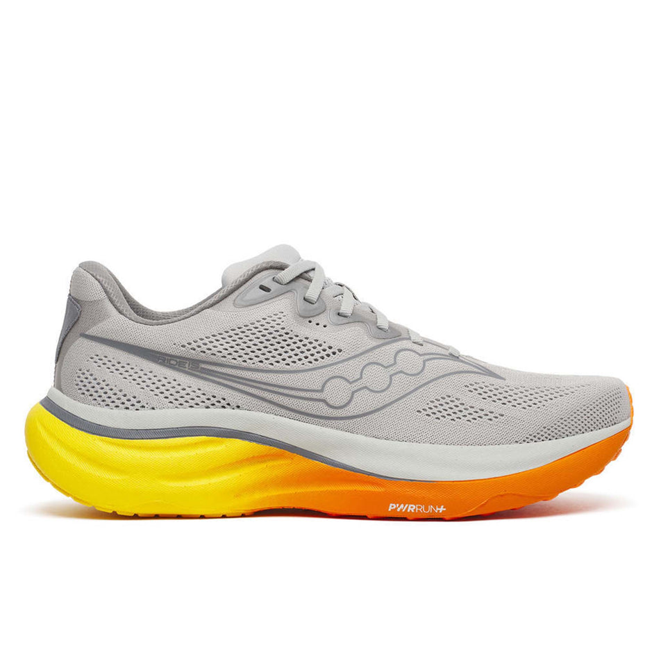 Lateral view of the right shoe from a pair of Saucony Men's Ride 19 Running Shoes in the Cadet/Fuego colourway.